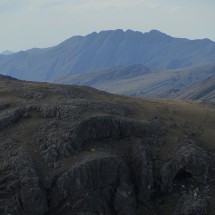 Cerro de la Ventana with the base camp and the cave "Cueva de los Guanacos" and the base camp on the right bottom side